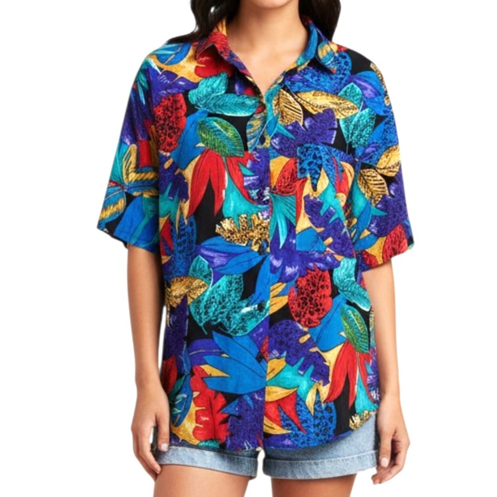 VTG Bobbie Brooks BUTTON-UP HAWAIIAN SHIRT TOP Tropical Flowy Rayon M-12-14